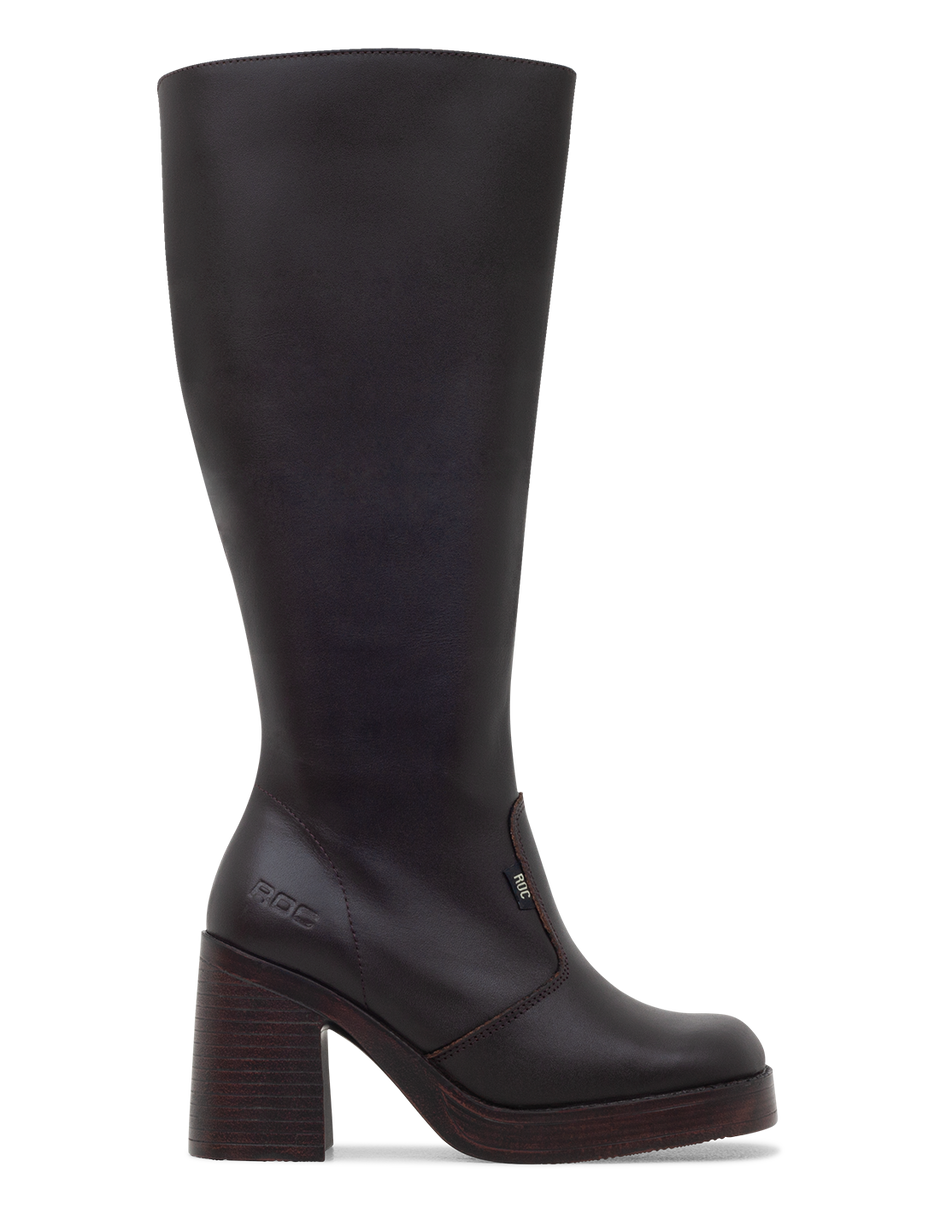 Brown knee-high boot with a platform sole on a white background