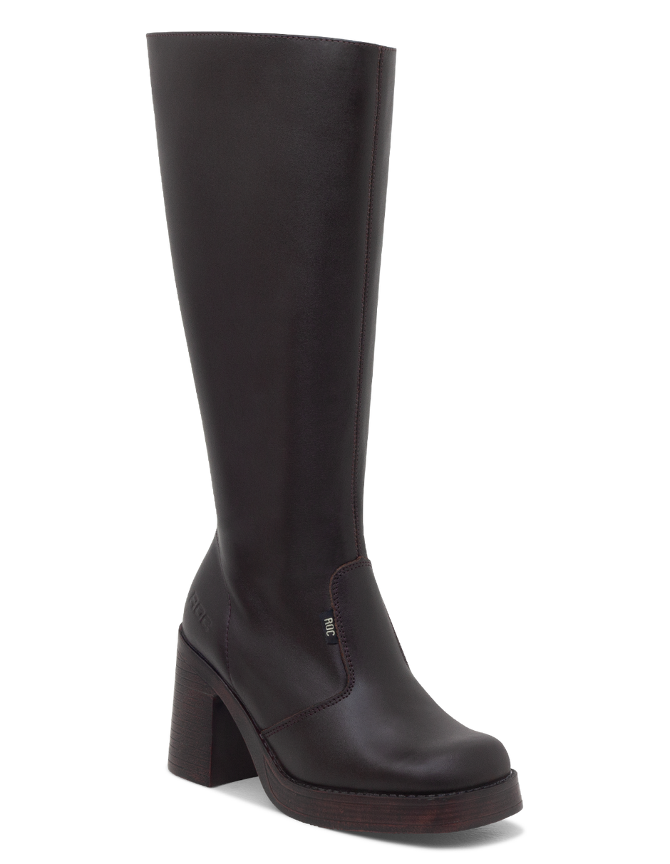 Brown knee-high boot with a platform sole on a white background