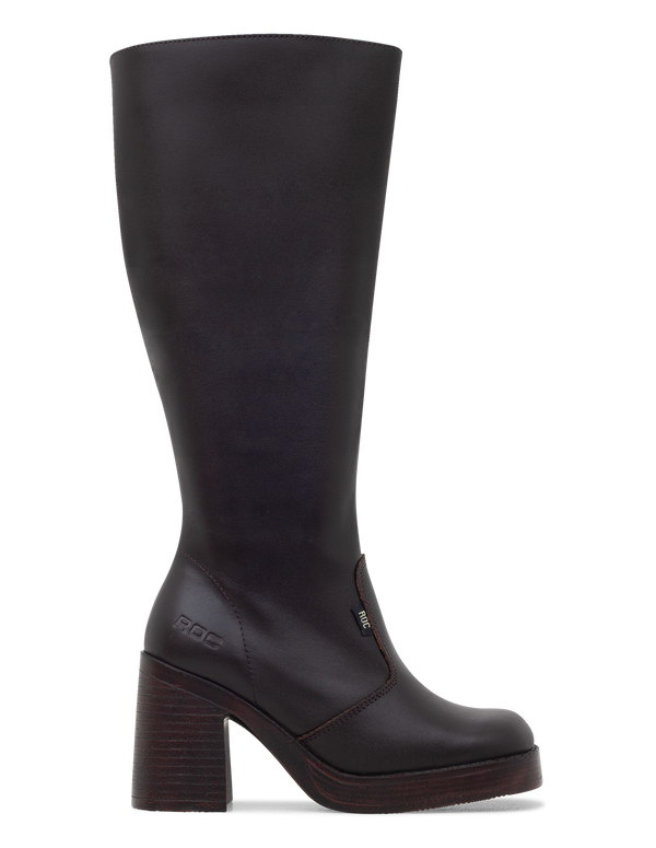 Brown knee-high boot with a platform sole on a white background