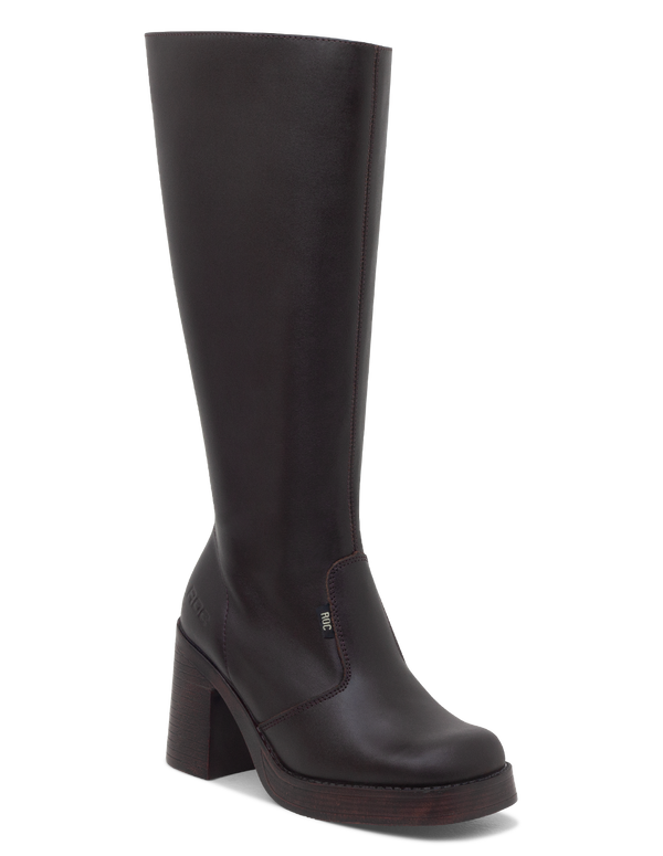 Brown knee-high boot with a platform sole on a white background