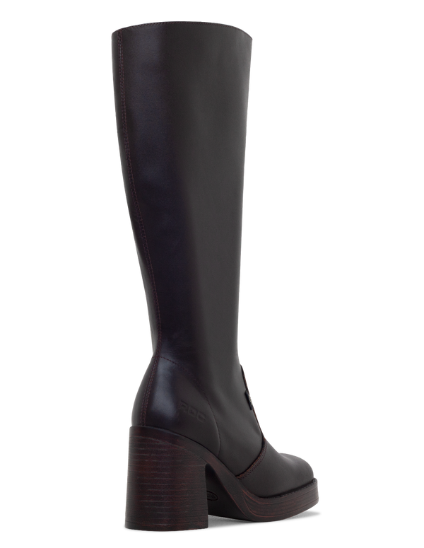 Brown knee-high boot with a platform sole on a white background